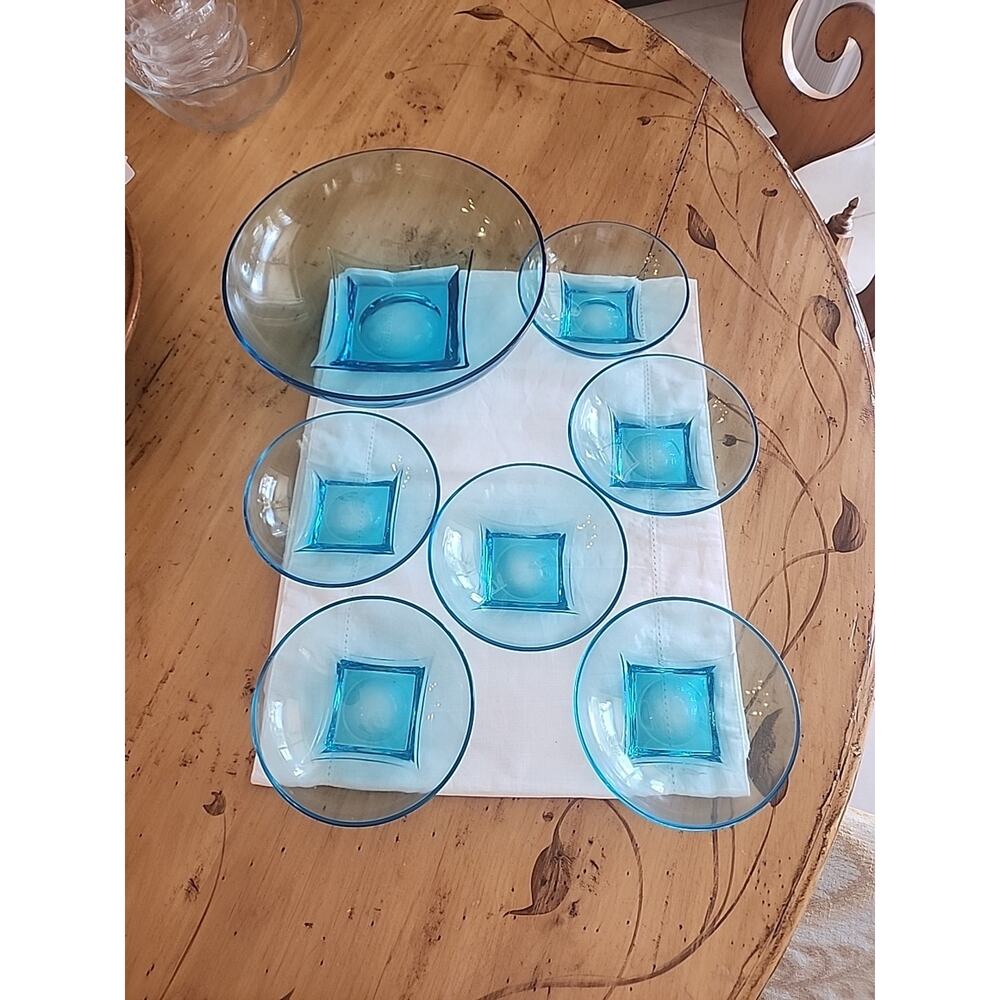 MCM Glassware Hazel Atlas Capri Colonial Azure Blue Glass Salad Serving Set - Picture 2 of 9